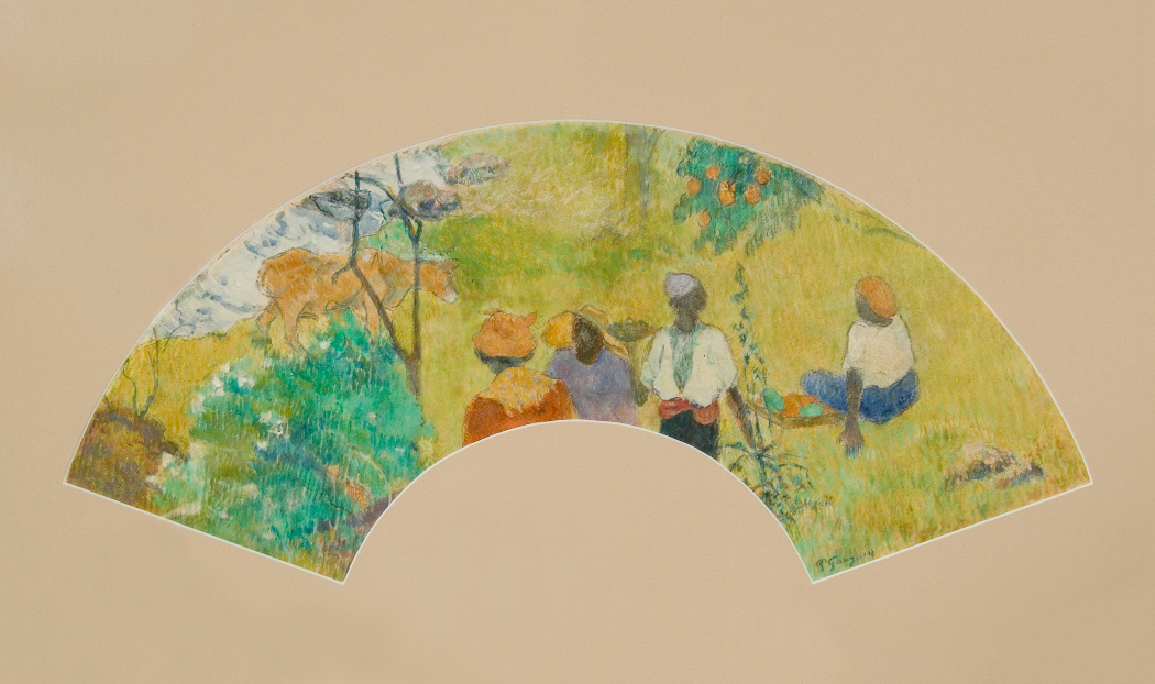 A fan showing four figures in an idyllic pasture. A figure on the right is sitting with a platter of fruit. In the middle, three figures are surveying the landscape and picking fruit from a nearby tree. One holds a bowl of food. On the left, partly hidden behind a bush, a cow stands on the shoreline, with gentle waves lapping against scattered stones.