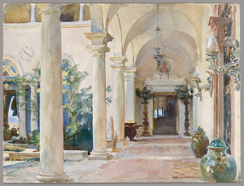 A painting of a large, open room with many architectural details. Four large, white pillars lead the viewer through an exterior corridor with high, domed ceilings to a doorway that seems to lead to the interior of the home. Large, lush plants can be seen in the sun-filled patio just out of view.