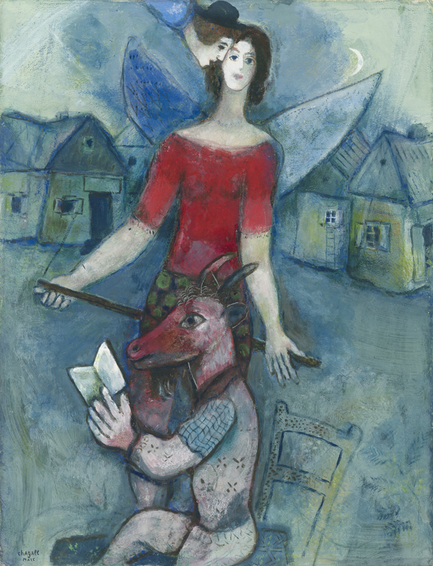 Marc Chagall. <em>Angel and Reader</em>, c. 1930. Gouache, with encaustic and oil paint, on cream wove paper; 63.6 x 48.8 cm (25 1/16 x 19 ¼ in.). The Art Institute of Chicago, Olivia Shaler Swan Memorial Collection, 1941.829.