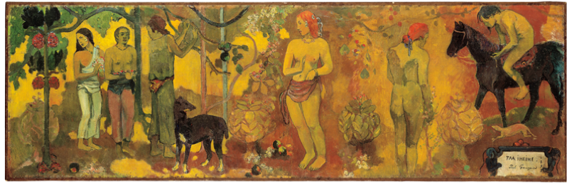 A very wide canvas painted in yellows, oranges, greens and browns. A woman is in the center of the painting wearing a piece of fabric around her waist, holding her hand vertically in front of her, and looking to the side. To her left are three figures in conversation while one holds on to a tree branch. A brown dog stands alert nearby. To her right stands another figure with her back facing us, and another sitting on a black horse while a small dog darts past. In the bottom right of the canvas, two black dogs hold up a plaque that reads 'Faa iheihe, Paul Gauguin, 1898'
