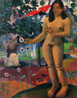 A painting of a nude brown woman holding a flower, looking off to the side. She stands in a richly colored forest with two bright red birds sitting in a tree directly beside her head.