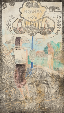 A faded book cover that shows two figures looking at each other, our perspective being slightly behind one of the figures. A tree with a blue trunk stands between them, whose branches make up the title of the book which includes another image of two figures seated apart from each other. A river is seen in the background with red cliffs on the other side.