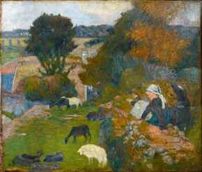Painted in bright colors, two figures are seen sitting on a ledge overlooking brown and white sheep grazing on a farm atop a hill. Painterly brushstrokes of simplified forms in orange and green cover the trees and the roof of a barn is seen below. A view of the valley is seen in the background with mountains in the far distance.