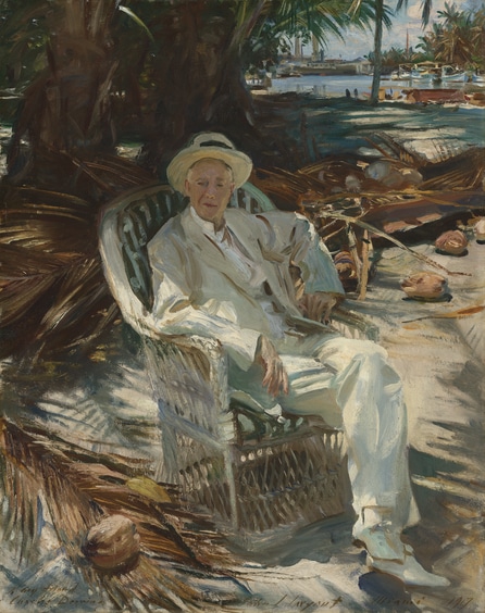 A painting of Charles Deering sitting in a wicker chair on a beach under the shadow of a large palm tree. He wears a white suit and sun hat.