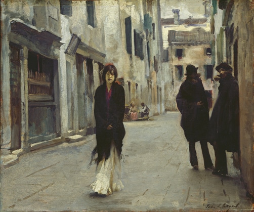 A painting of a young woman walking down a Venice street. She gazes down while two people stand to the side in conversation with each other with their faces in shadow. One of them looks at the young woman.