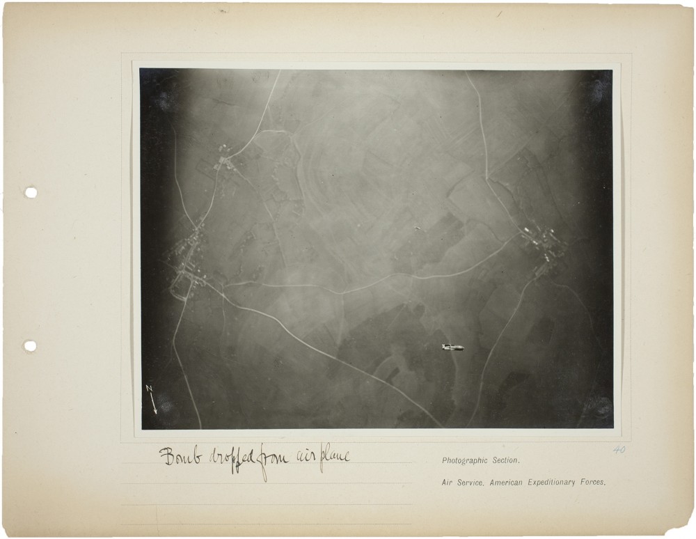 Plate 40. Bomb dropped from airplane, from an album of World War I aerial photography assembled by Edward Steichen, in the collection of the Art Institute of Chicago.