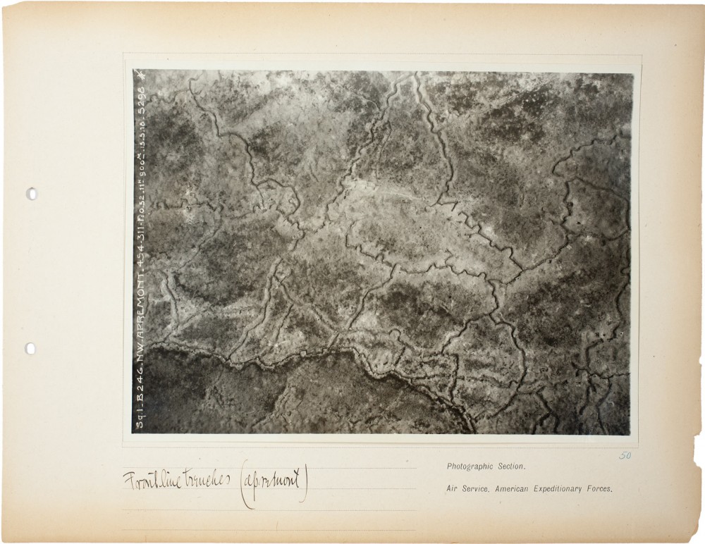 Plate 50. Frontline trenches (Apremont), from an album of World War I aerial photography assembled by Edward Steichen, in the collection of the Art Institute of Chicago.