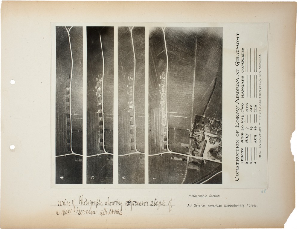 Plate 58. Stages of a new German airdrome [Giraumont], from an album of World War I aerial photography assembled by Edward Steichen, in the collection of the Art Institute of Chicago.